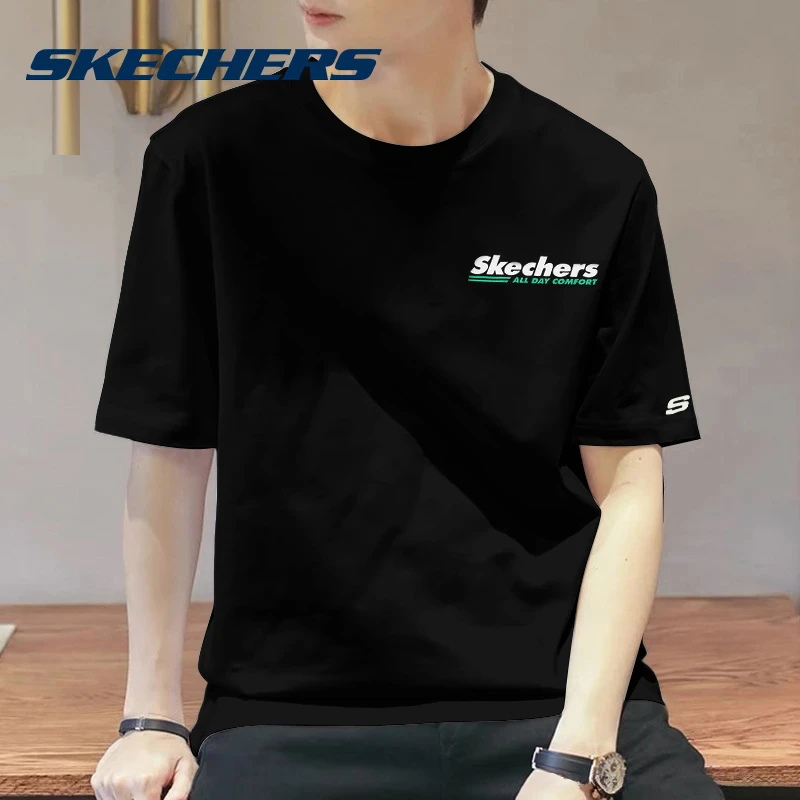斯凯奇2025夏季新款圆领纯棉短袖男宽松透气潮牌情侣同款运动T恤‌