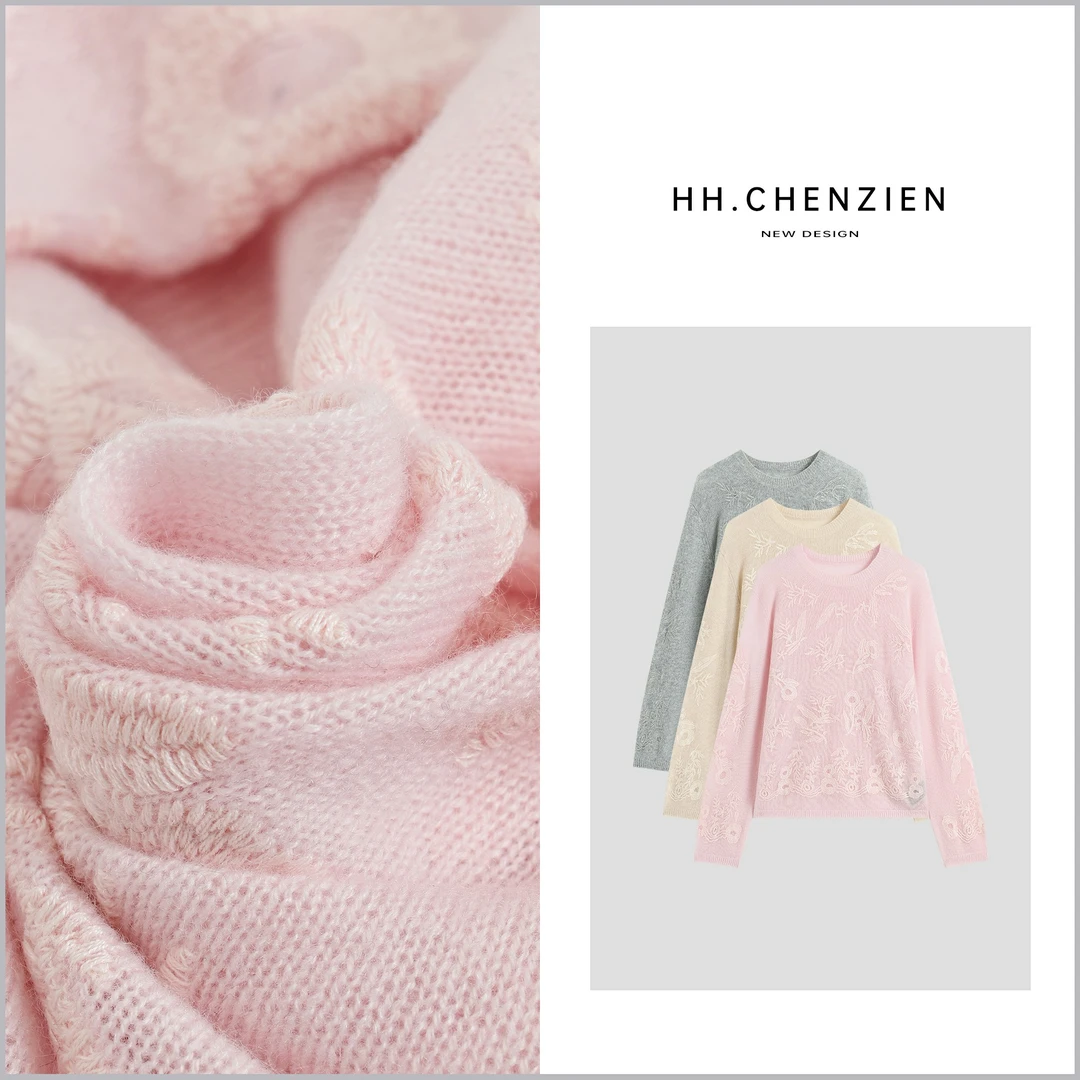 【黑黑家】冬季新款女款圆领绣花设计针织衫上衣