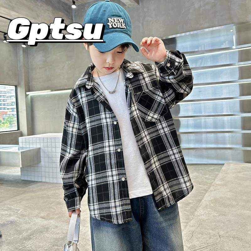 GPTSu男童格子衬衫长袖夏季款韩版中大童洋气时髦儿童薄款装衬衣