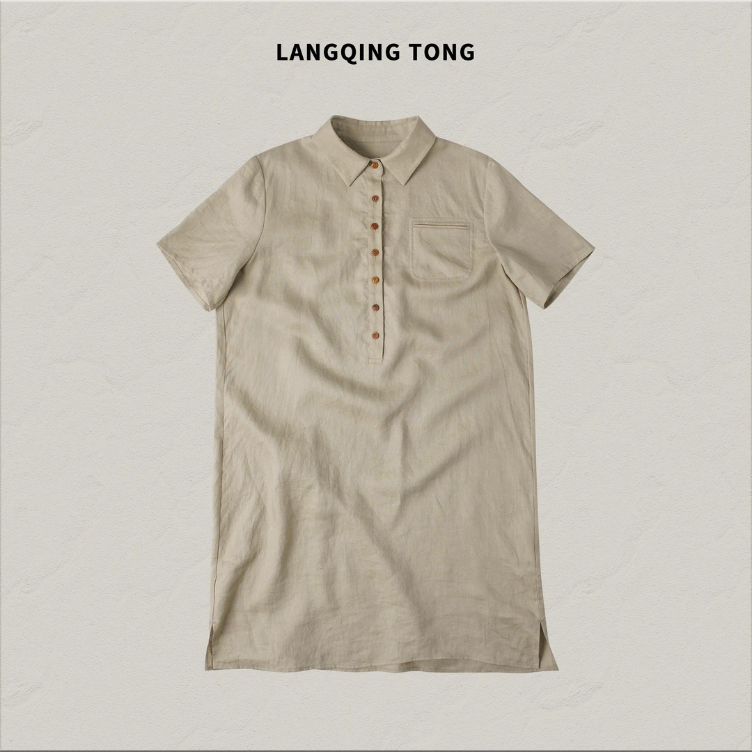 浪清/女装推荐 贝莉玫时尚高档亚麻POLO领连衣裙44336#2025夏新款