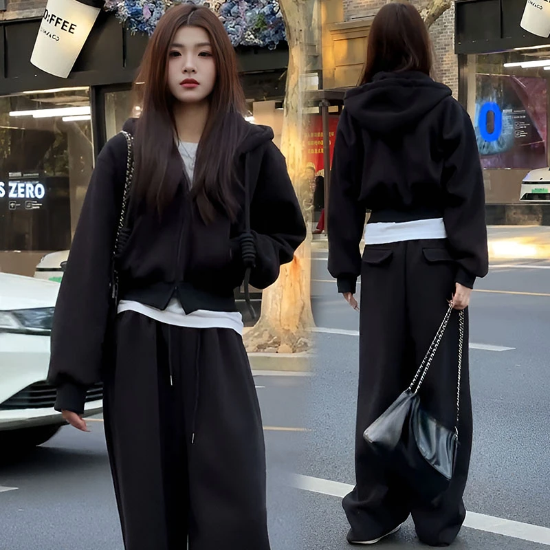 韩系穿搭一整套女春秋开衫连帽卫衣外套搭配高腰长款休闲裤两件套