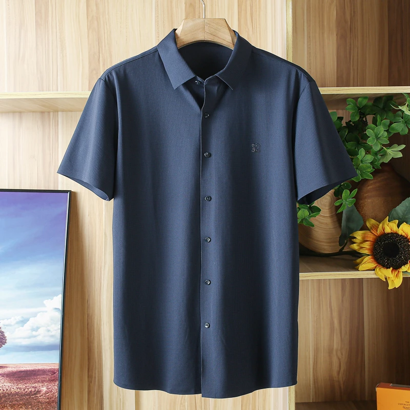 冰丝凉感撤柜男装尾货藏青男士短袖衬衫夏季薄款高弹力无痕衬衣