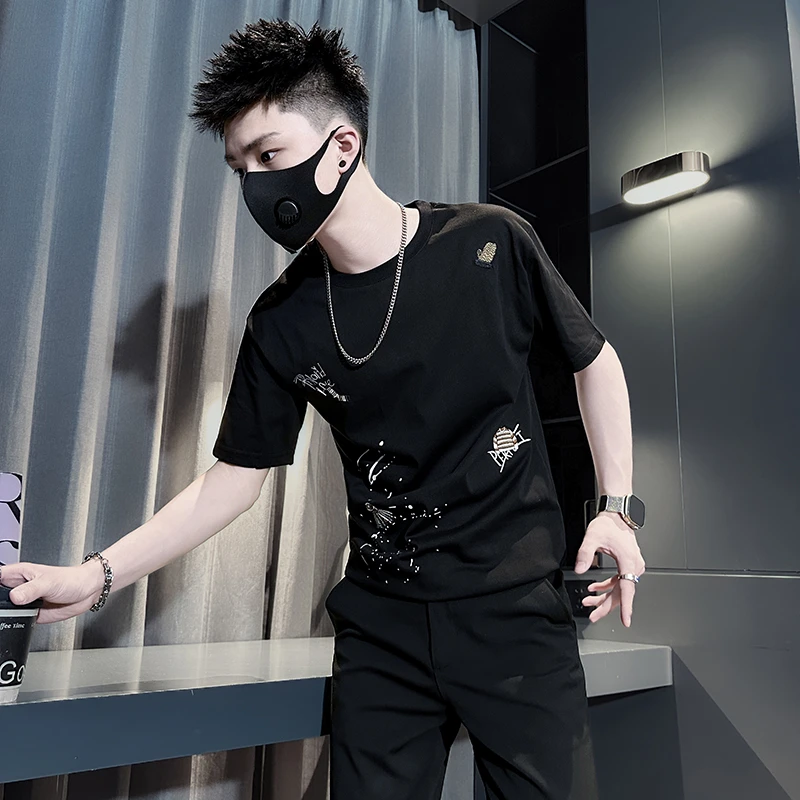 潮牌刺绣T恤男士短袖夏季2025新款网红洋气炸街男装休闲半袖上衣