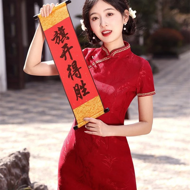高考旗开得胜旗袍红色酒红小个子妈妈2025新款中考高考衣服送考服