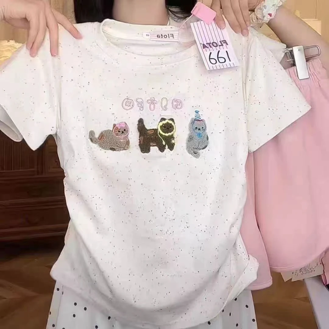 女童T恤半袖褶皱韩版宽松短袖潮流时尚圆领卡通短款休闲2025新款