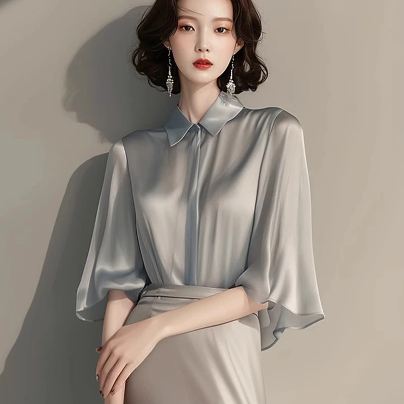 法式醋酸衬衫女装2025春夏新款高级感缎面洋气别致气质七分袖上衣