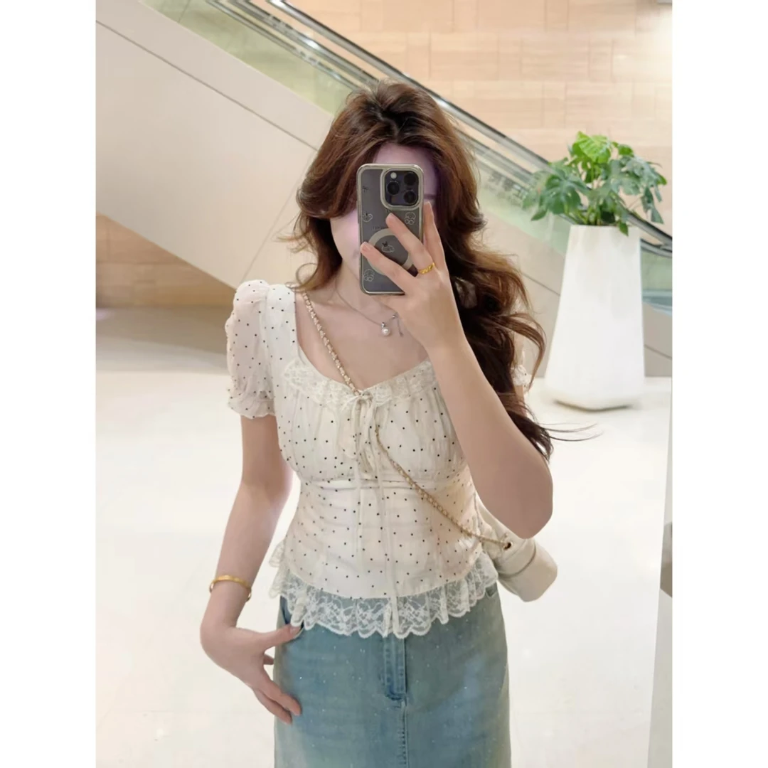 M u子酱微胖定制气质法式白色波点蕾丝花边短款上衣WPWGN0017
