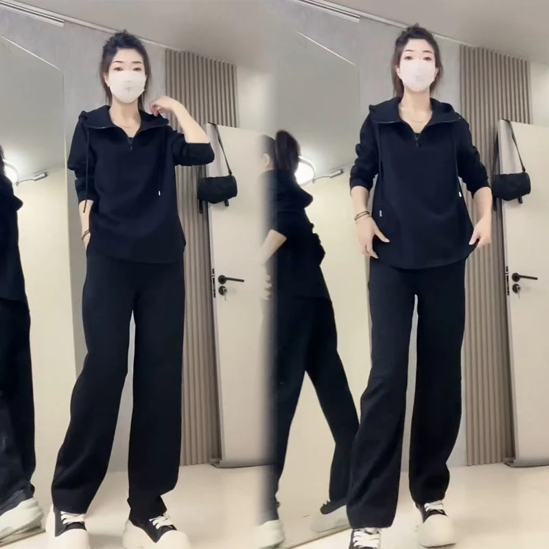 2025秋季新款休闲套装女连帽卫衣长裤百搭宽松减龄两件套