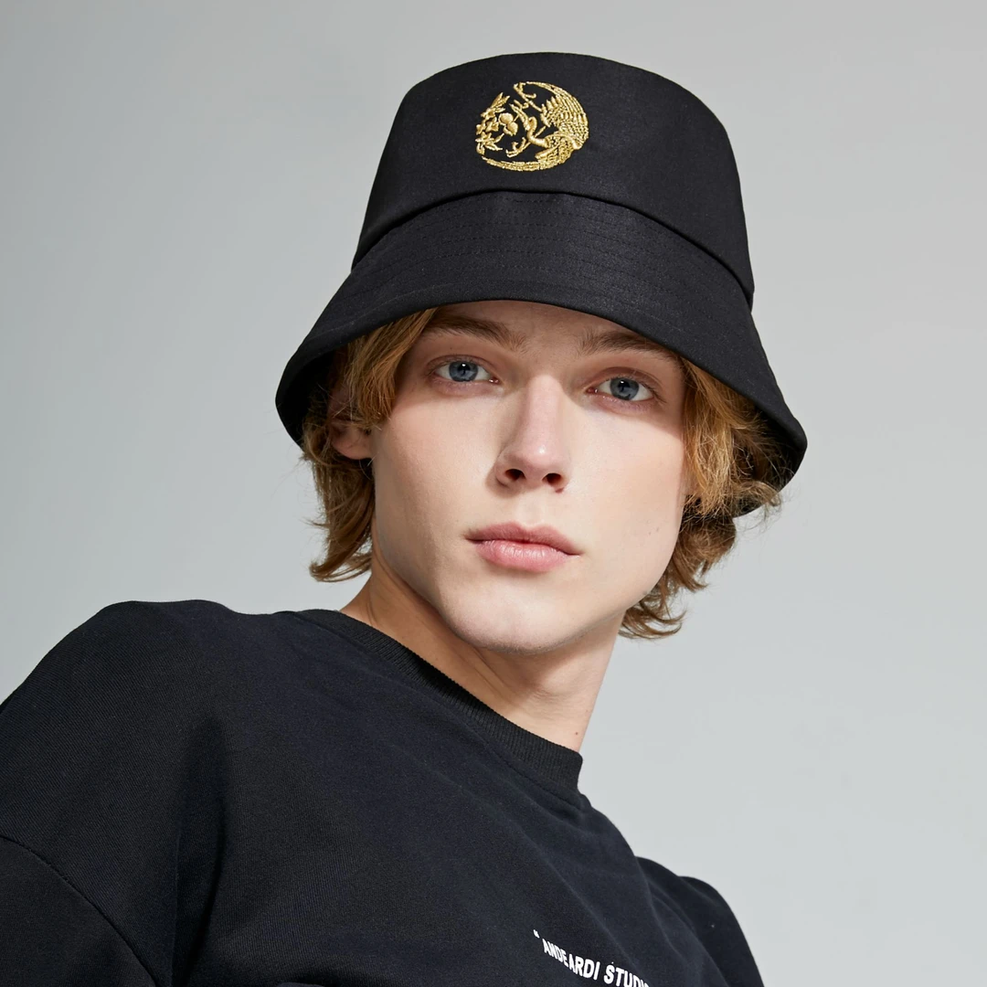 【品质精选】黑色男士盆帽金色刺绣图案时尚渔夫帽潮流中性户外133