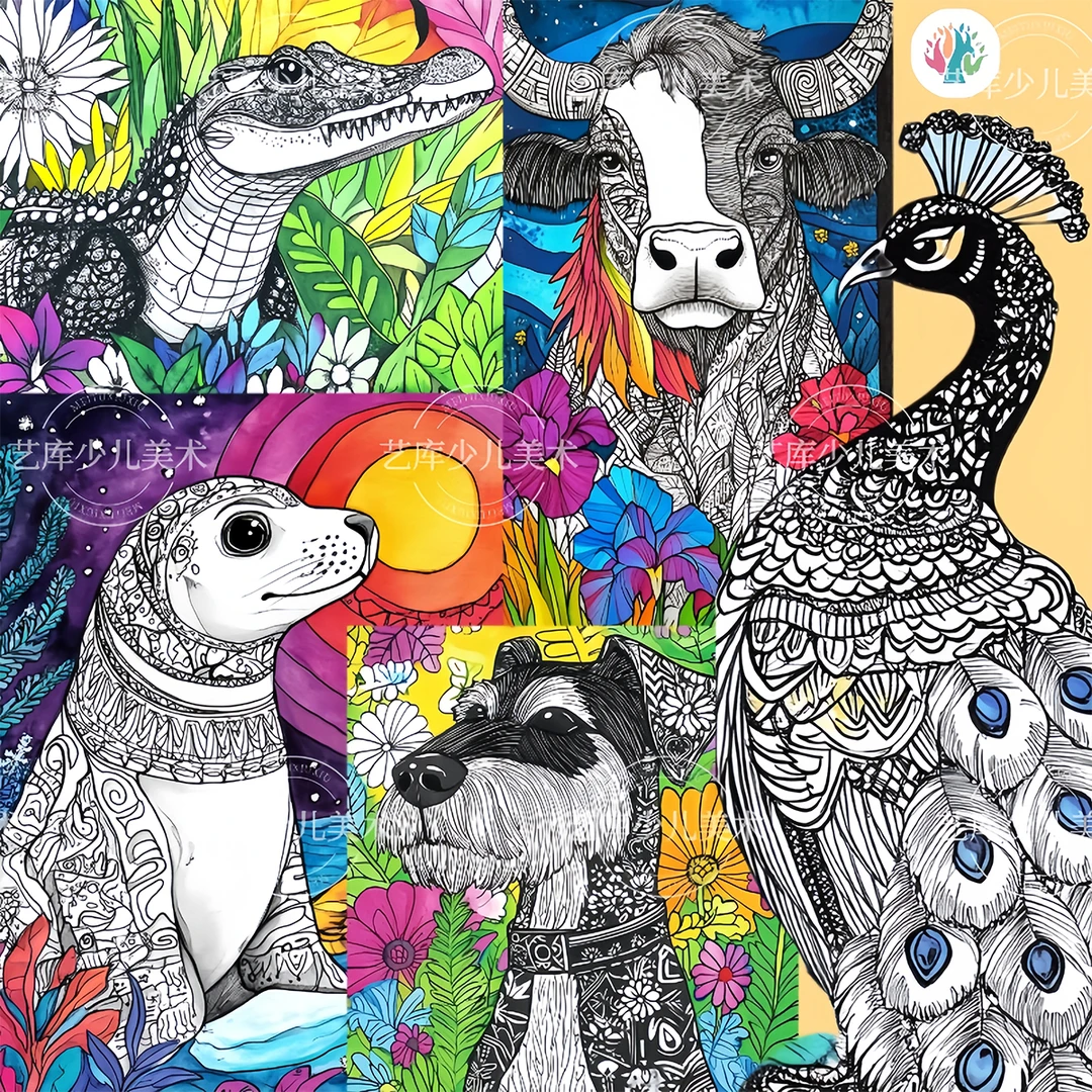 萌趣动物线描临摹卡32张马克笔线描彩色儿童卡通画室少儿美术A5