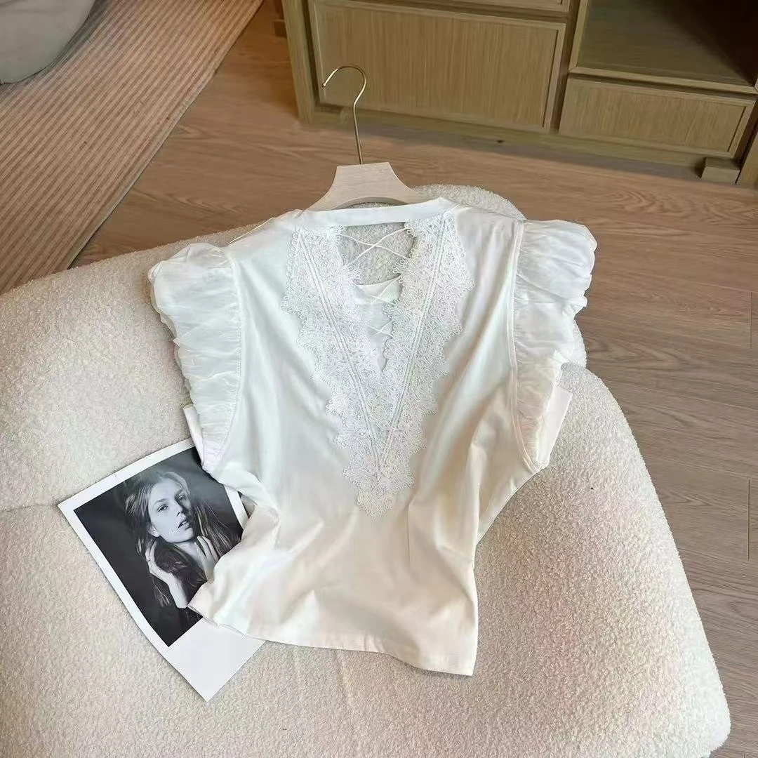 9988蕾丝拼接提花小飞袖T恤女年夏季新款设计感镂空独特别致上衣