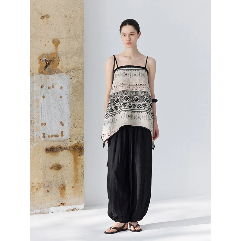 CHALAMON/夏拉蒙 亚麻气质休闲度假波西风印花吊带背心女