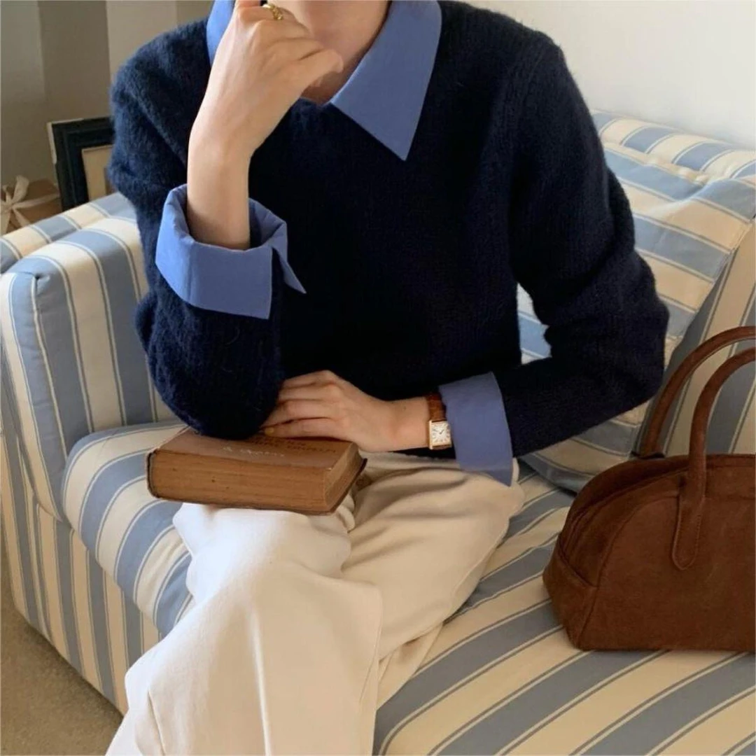 韩系假两件衬衫领毛衣女秋冬新款内搭慵懒风撞色翻领针织衫上衣女