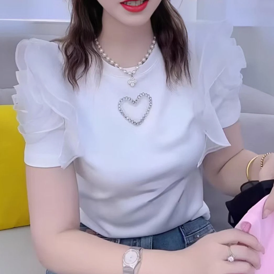 95%棉夏季新款荷叶短袖钉珠T恤修身圆领百搭洋气时尚设计