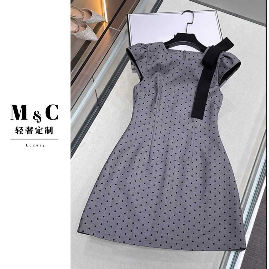 【梦成专属】波点千金  夏季法式收腰修身灰色波点无袖连衣裙