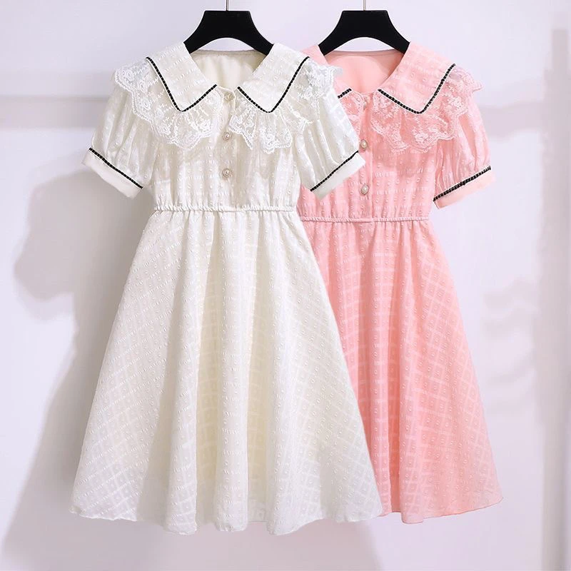 女童连衣裙小香风洋气公主裙女孩蕾丝娃娃领薄款儿童雪纺裙子