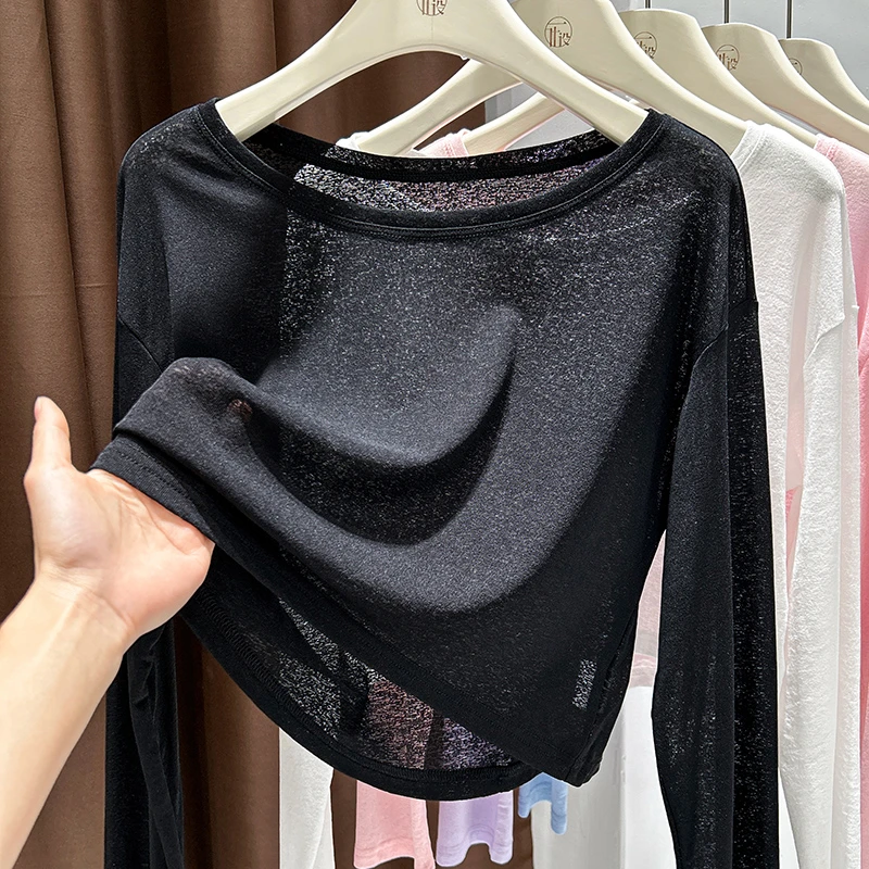 黑色夏季圆领正肩短款T恤防晒宽松罩衫女冰丝打底长袖针织衫上衣
