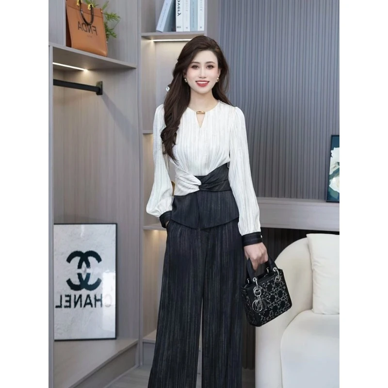 0338法式休闲风时尚套装衬衫上衣气质女装宽松阔腿裤垂感裤子休闲