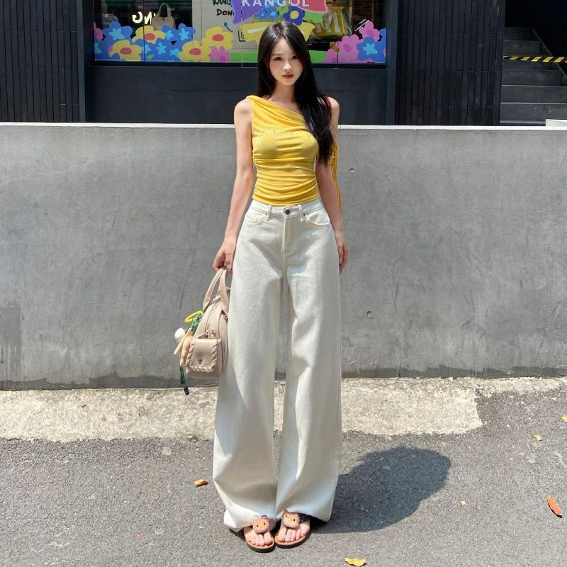 白色高腰窄版阔腿牛仔裤女2025夏季爆款设计感宽松显瘦垂感拖地裤
