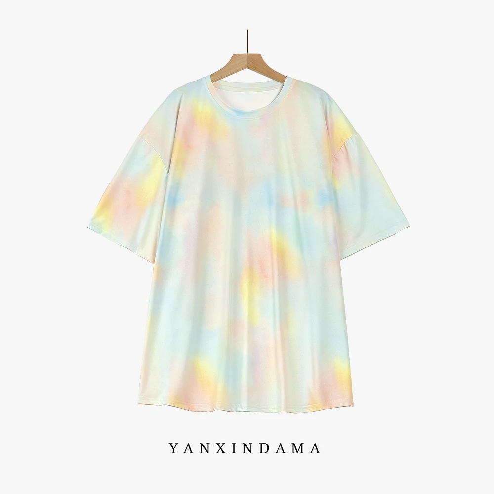 【岩心】大码女装300斤胖MM时尚扎染渐变运动简约速干休闲T恤6668