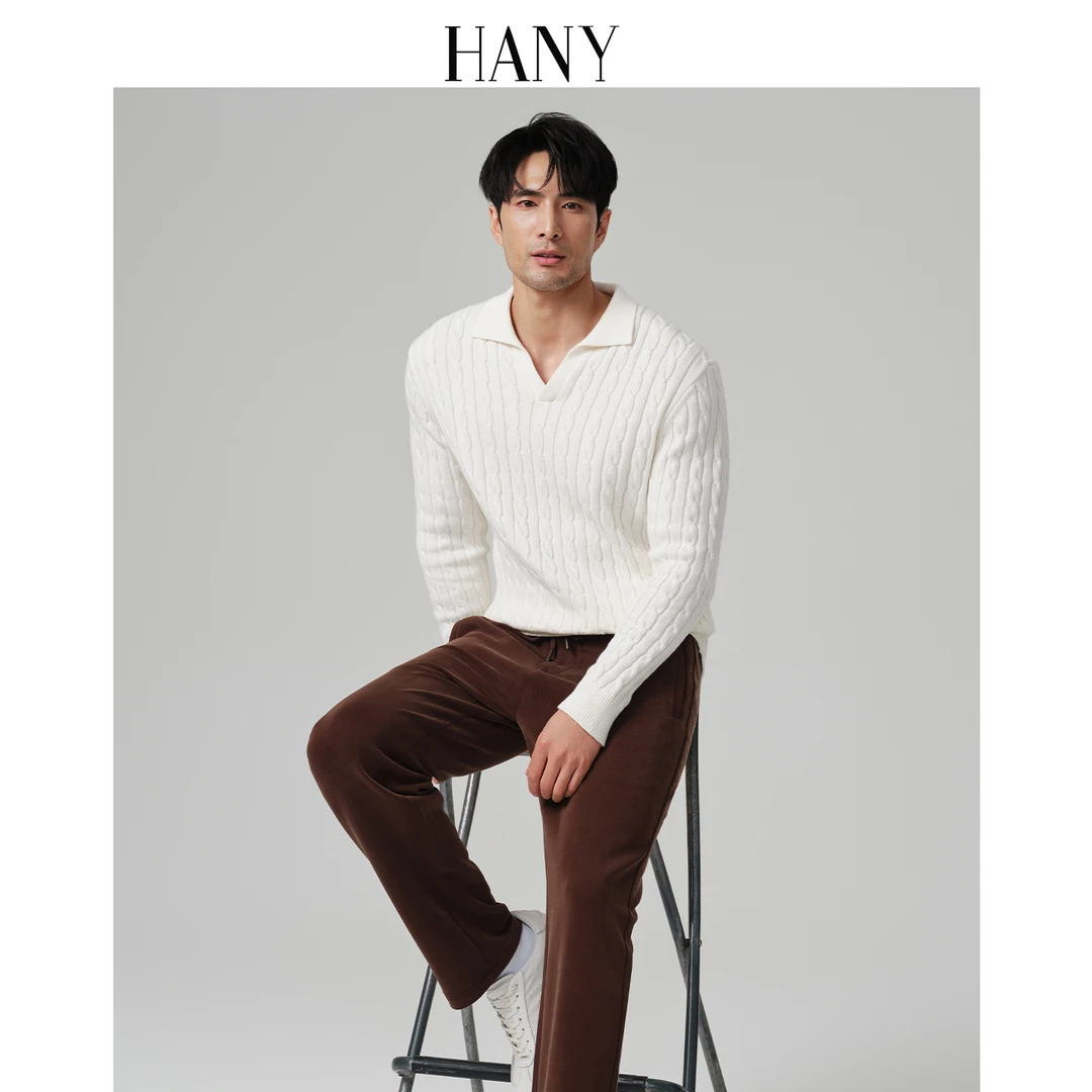 HANY[粗针绞花意式海鸥领]桑蚕丝棉针织衫男2025新款保暖毛衣秋季