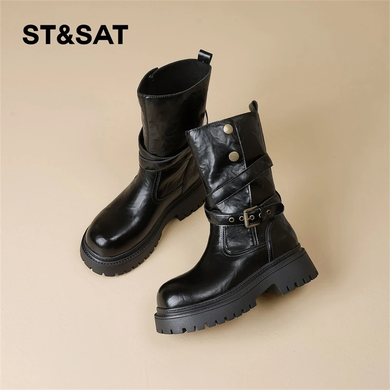 星期六厚底时装靴女2025秋季新款网红爆款美拉德靴复古皮面中筒靴