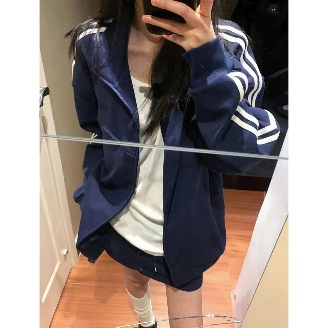 徐秋阳  蓝色双杠  百搭时尚春秋款双杆条纹休闲线束外套10776