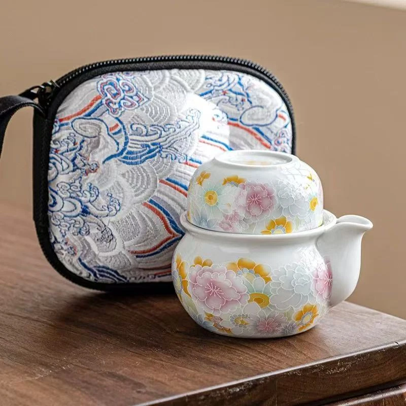 旅行茶具套装繁花一壶一杯手抓壶快客杯陶瓷便携式-0313