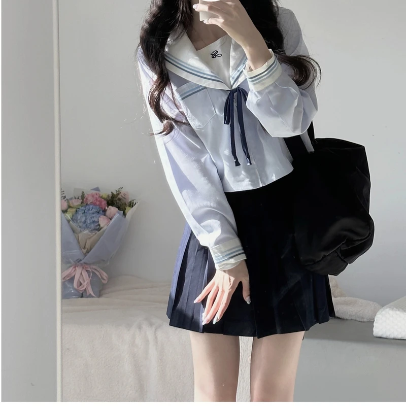 【拍2发6】阿车家大码jk原创胖mm水色水手服短袖上衣短裙大码jk套装
