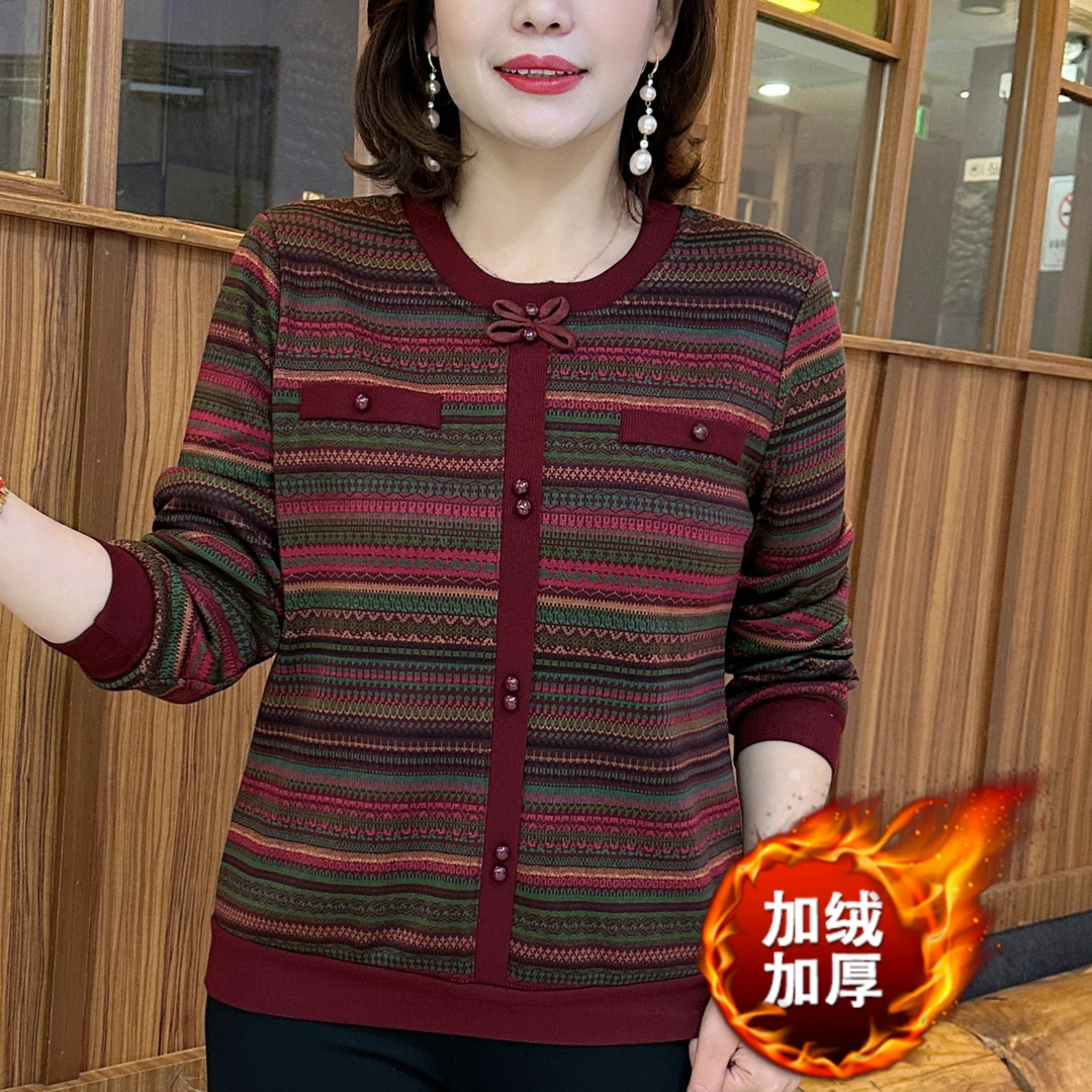 秋冬新款女装条纹加绒保暖时尚妈妈装宽松显瘦减龄长袖上衣 E9990