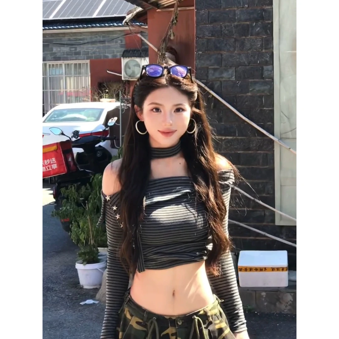 辣妹长袖性感条纹针织设计感显瘦纯欲美式一字肩女士秋季2025年新