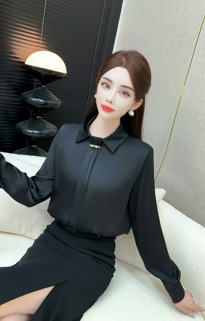 翻领别针装饰长袖衬衫~2025新款纯色减龄气质时尚百搭女上衣7956#