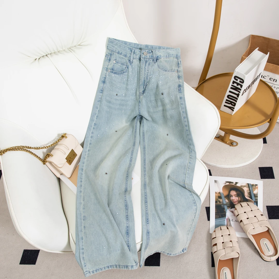 烫钻莱赛尔薄款阔腿牛仔裤女高腰2025新款窄版宽松直筒长裤子6977