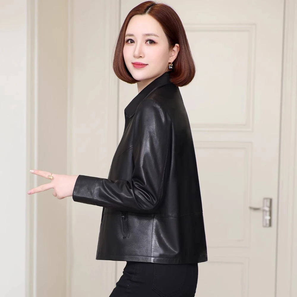 海宁真皮皮衣女2025秋季新款中年妈妈纯绵羊皮夹克小个子短款外套