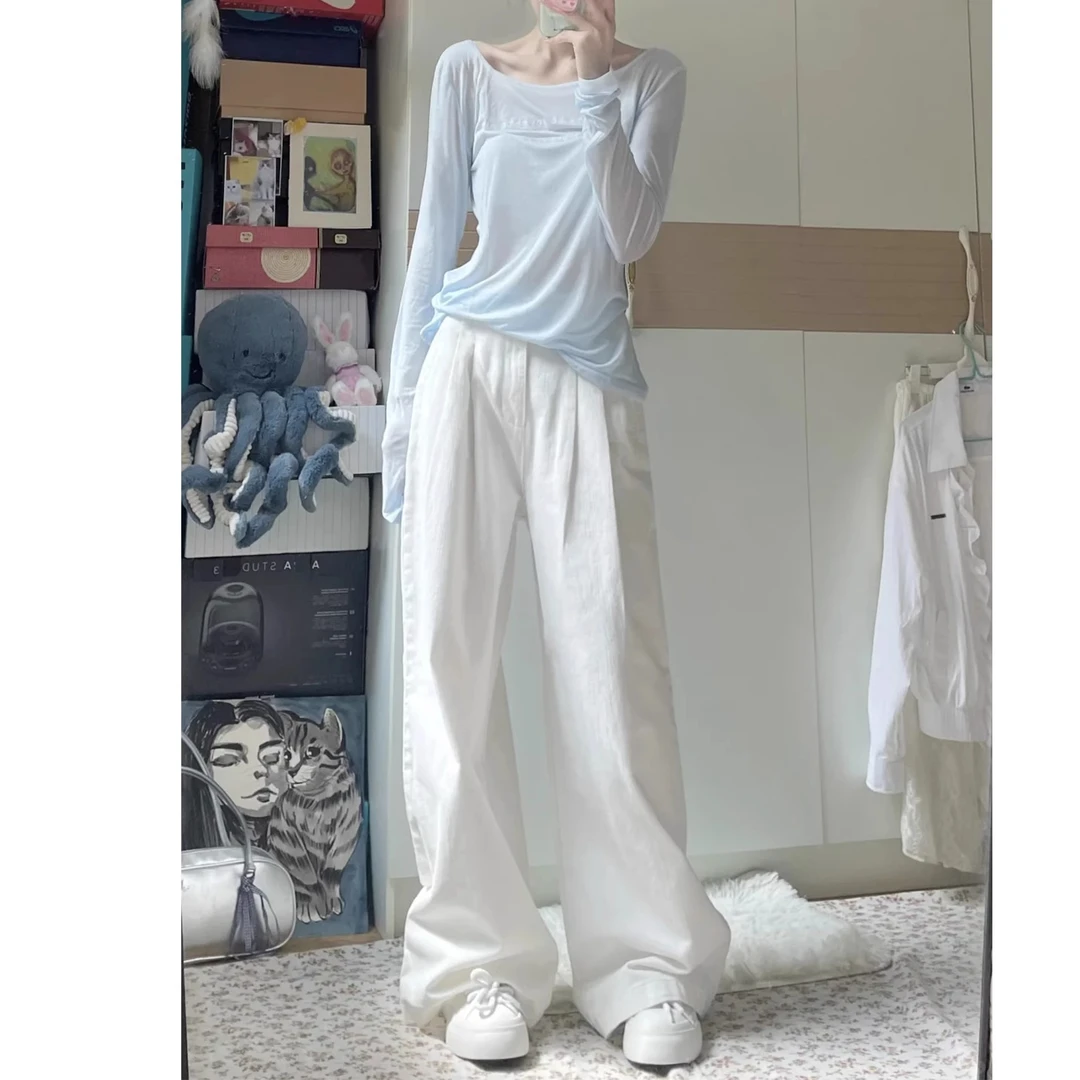 拉夏贝尔高腰显瘦休闲裤2025年夏季薄款度假风褶皱百搭牛仔阔腿裤