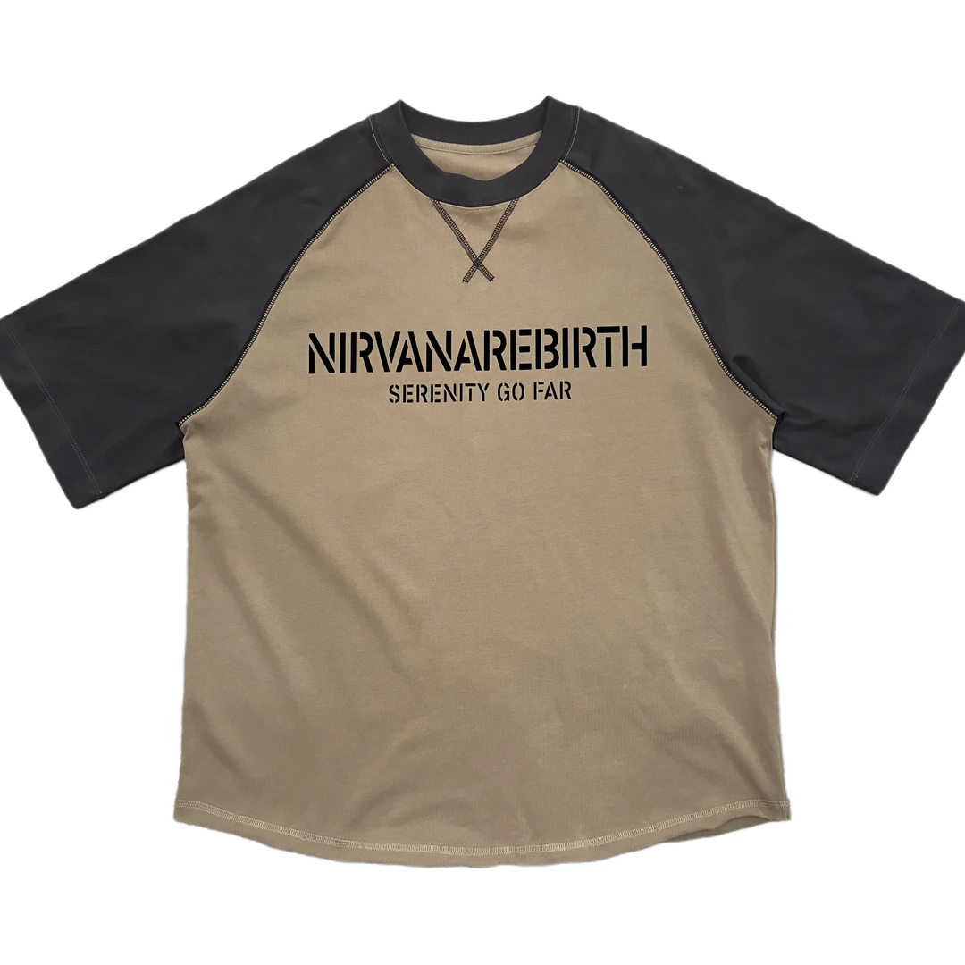 擦肩袖美拉德色系明线拼色圆领植绒印花T恤5055