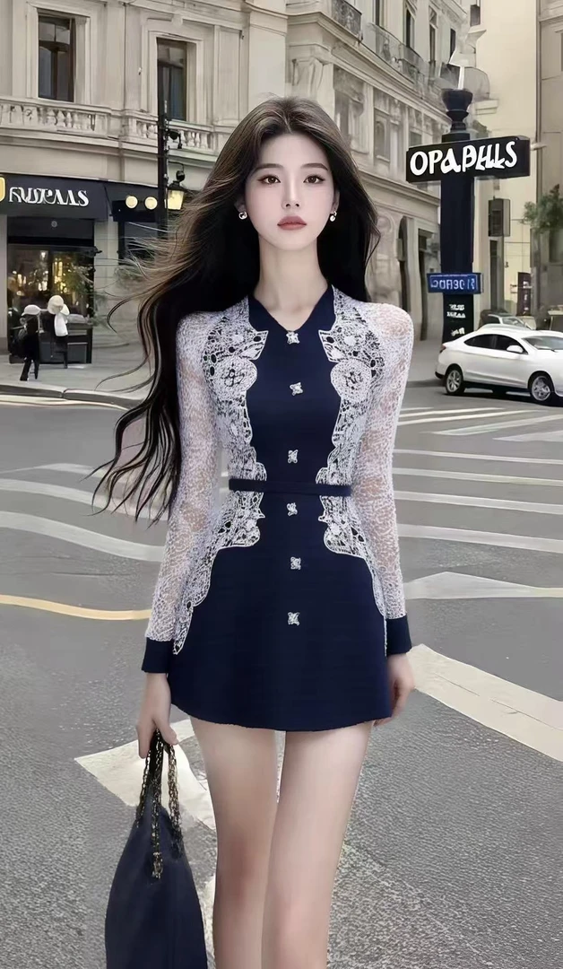 温婉知性风深蓝色V领修身收腰包臀蕾丝不规则连衣裙时尚气质女装