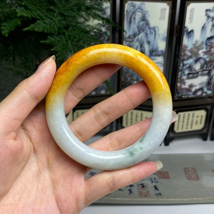 57.8鸡蛋黄翡半山水圆条手镯 天然翡翠A货手镯