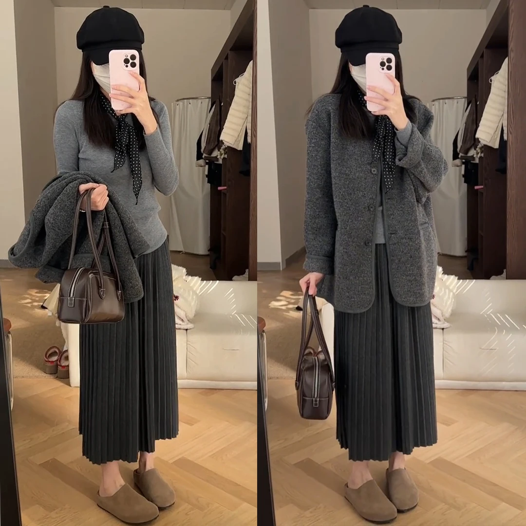 灰色百褶半身裙女秋冬季2025新款高腰显瘦小个子a字中长款半身裙