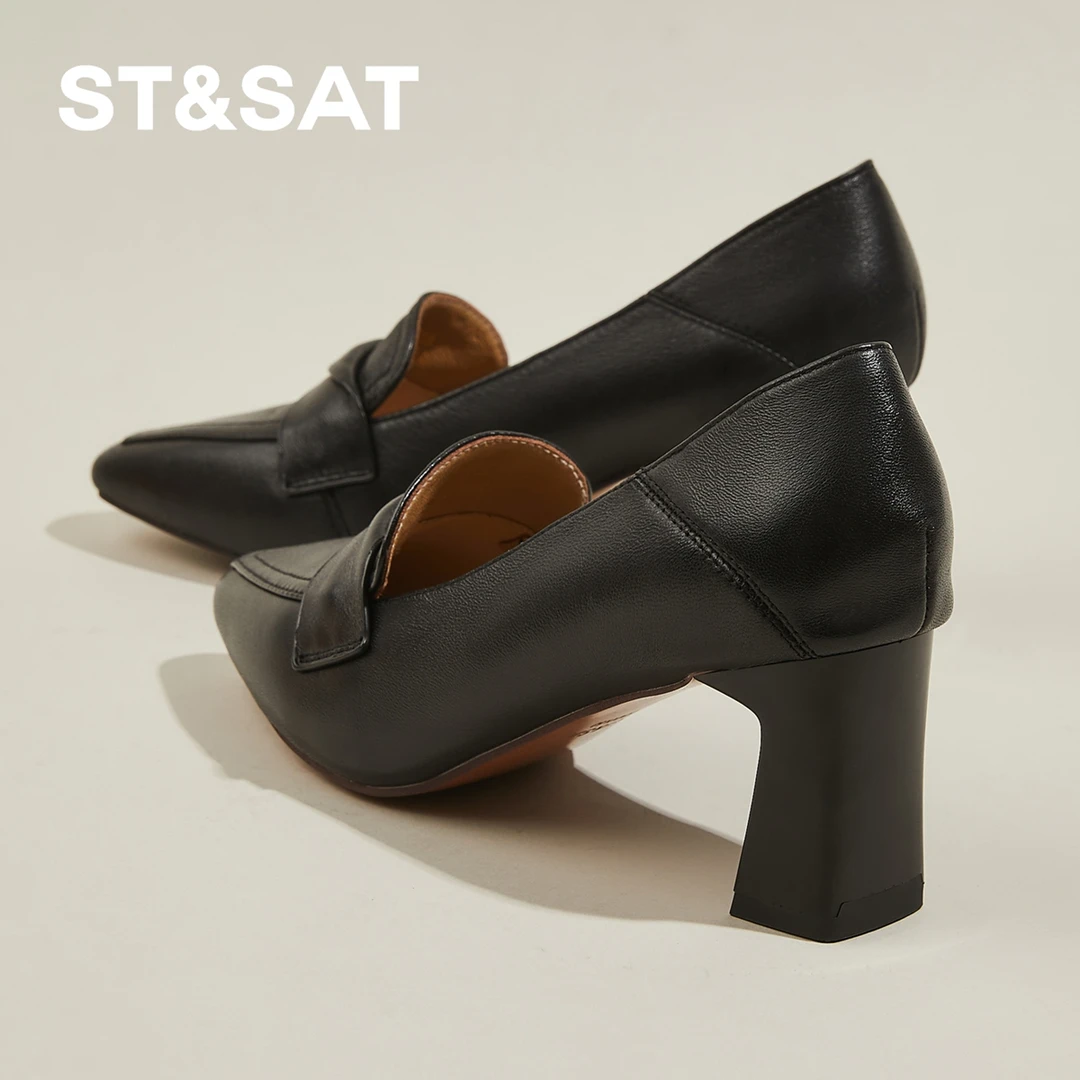 星期六羊皮法式高跟鞋女粗跟软底一脚蹬单鞋增高6.5cm显瘦小皮鞋