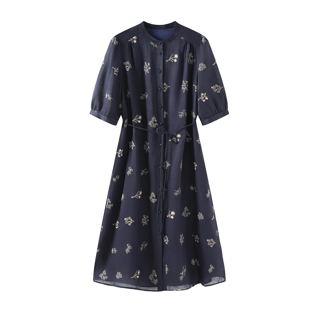 气质滤镜100%苎麻刺绣显瘦连衣裙女夏季CYC55157