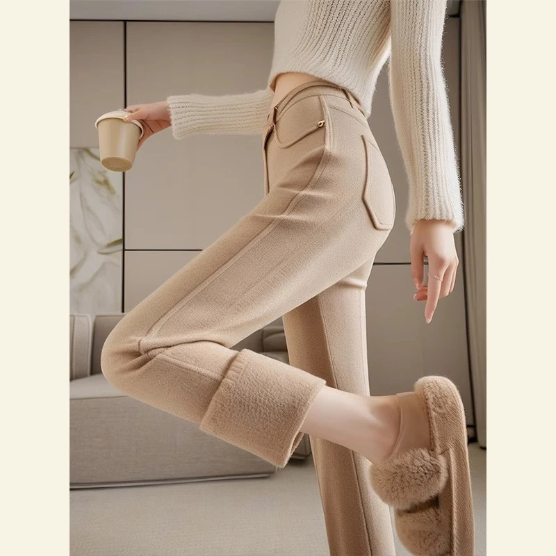 杏色休闲长裤女秋冬新款加厚高腰直筒修身显瘦微喇山本裤马蹄裤
