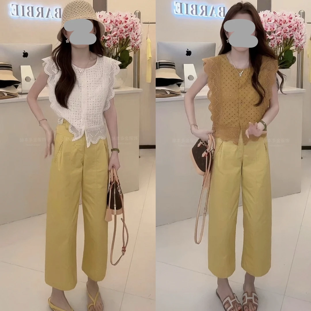2025夏季时尚洋气荷叶边蕾丝拼接短袖小衫百搭阔腿九分裤显瘦套装