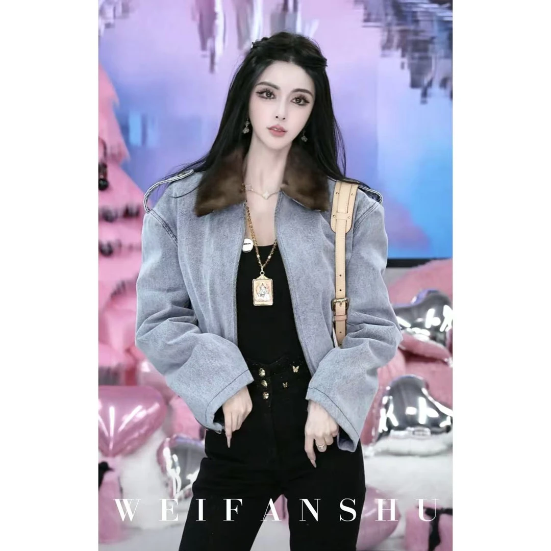 WEIFANSHU/魏凡舒【巴黎风尚】秋冬新款牛仔拼水貂内胆百搭棉服外套