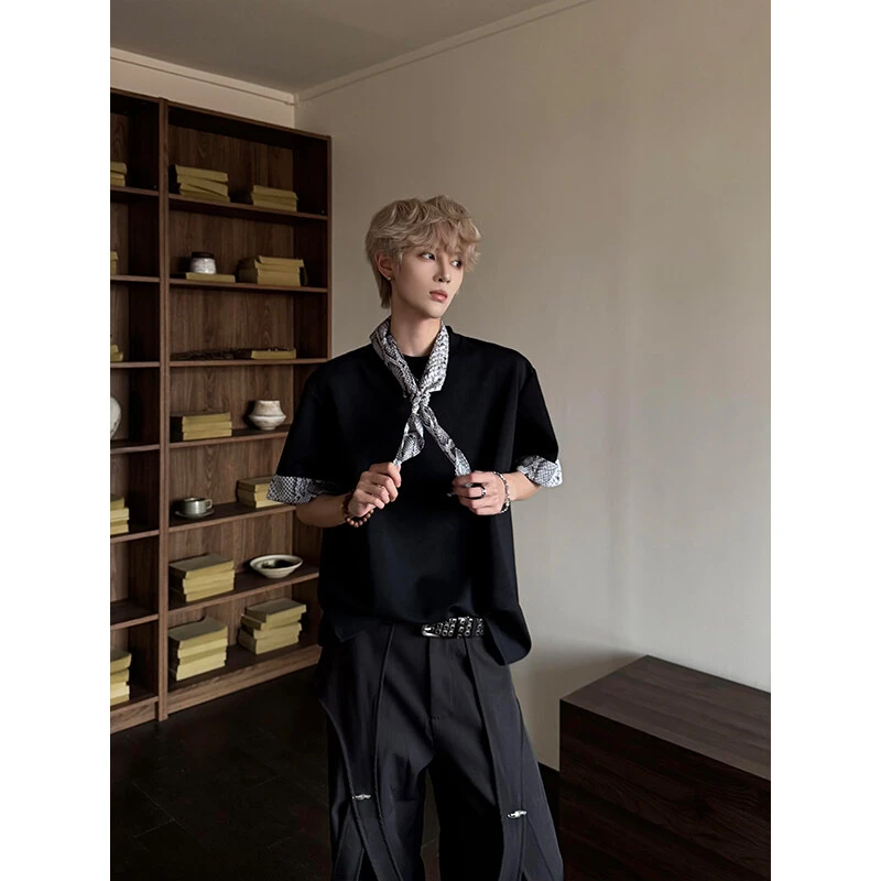 FMQZ STUDIO蛇纹卷边拼接t恤男款夏季丝巾设计感短袖