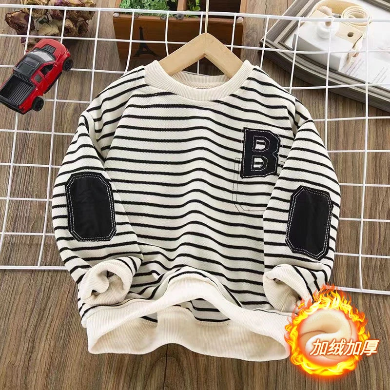 加绒/不加绒男童卫衣2025新款中大童条纹休闲打底衫秋季外穿卫衣