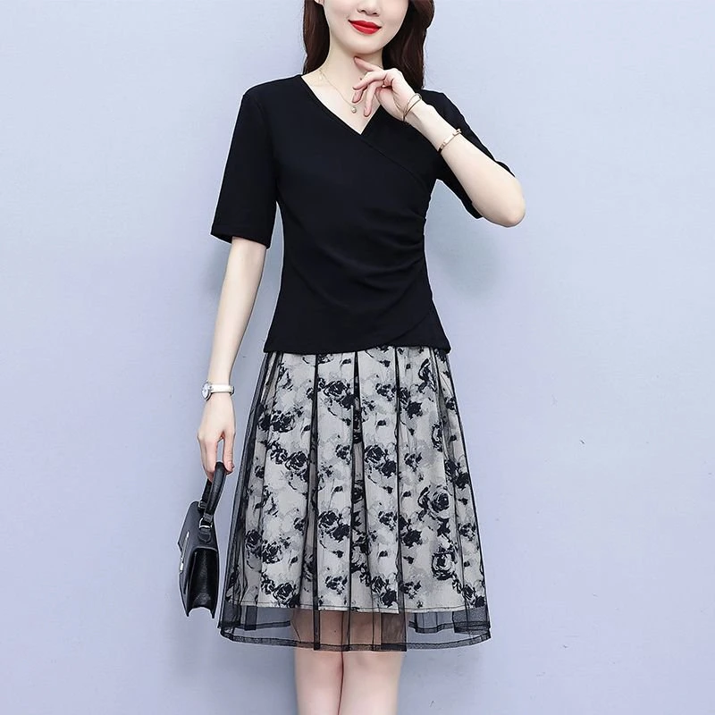 微胖MM裙子气质修身时尚套装2025夏季新款显瘦遮肉洋气减龄连衣裙