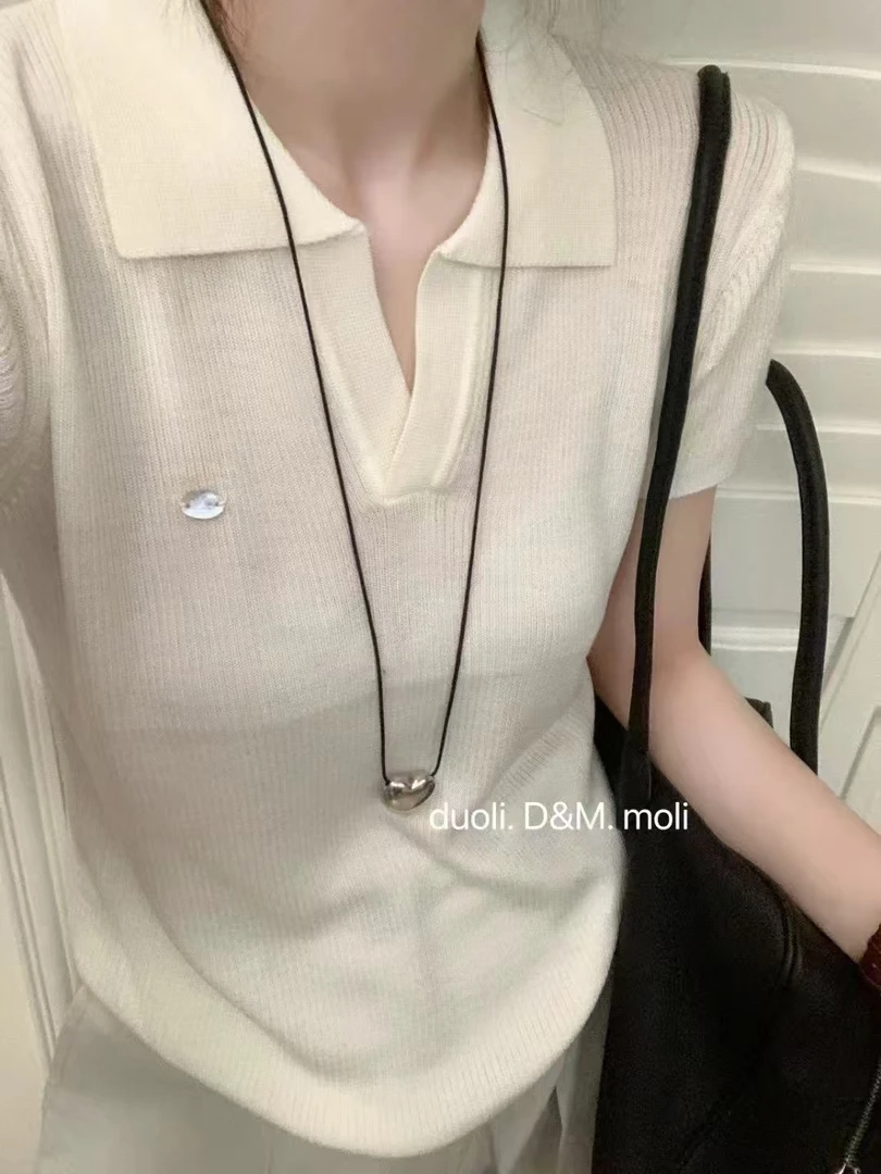 条纹夏季POLO领翻领短袖毛针织衫上衣休闲贝果复古风