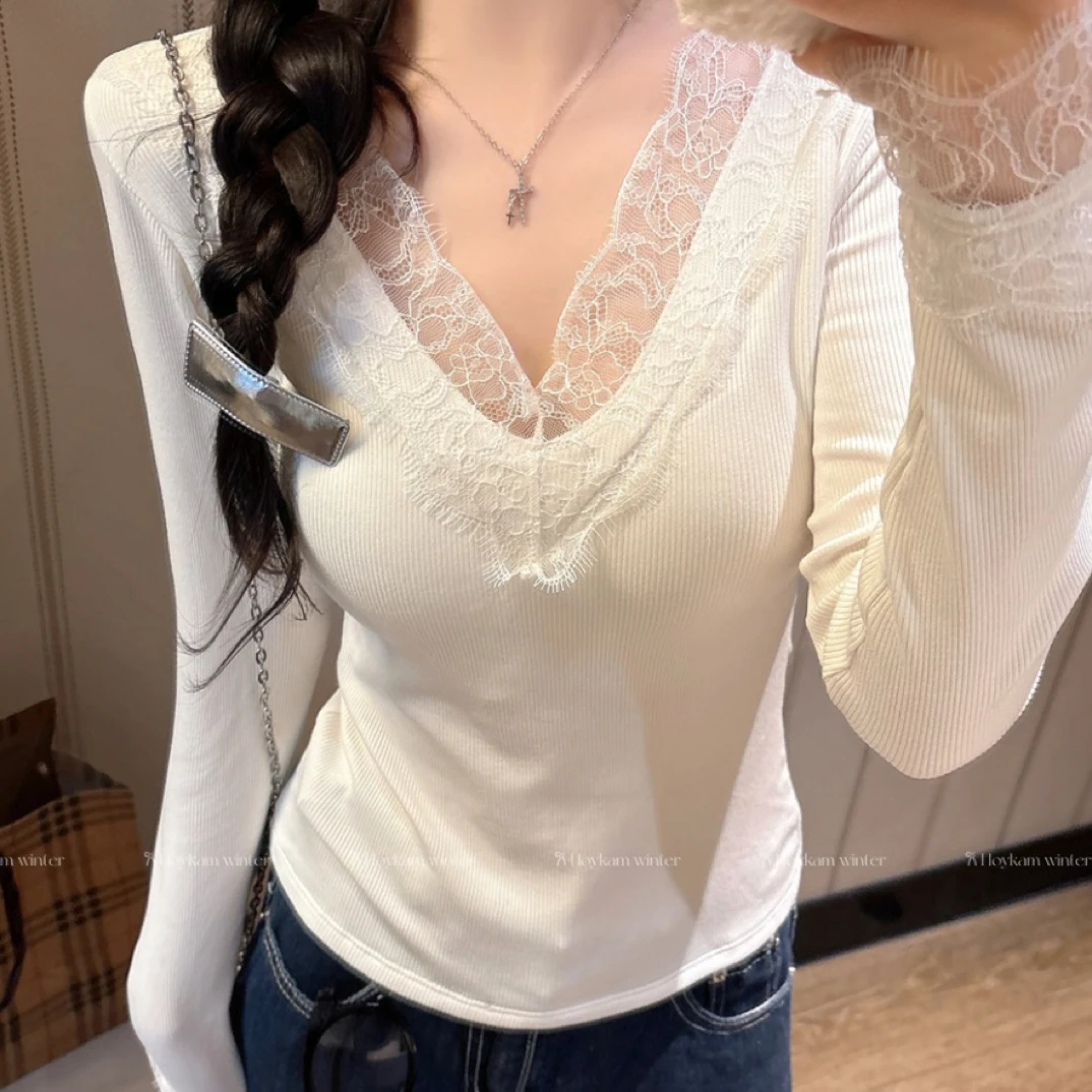 857#原版高货V领蕾丝拼接打底衫女秋冬修身显瘦白色长袖内搭韩版