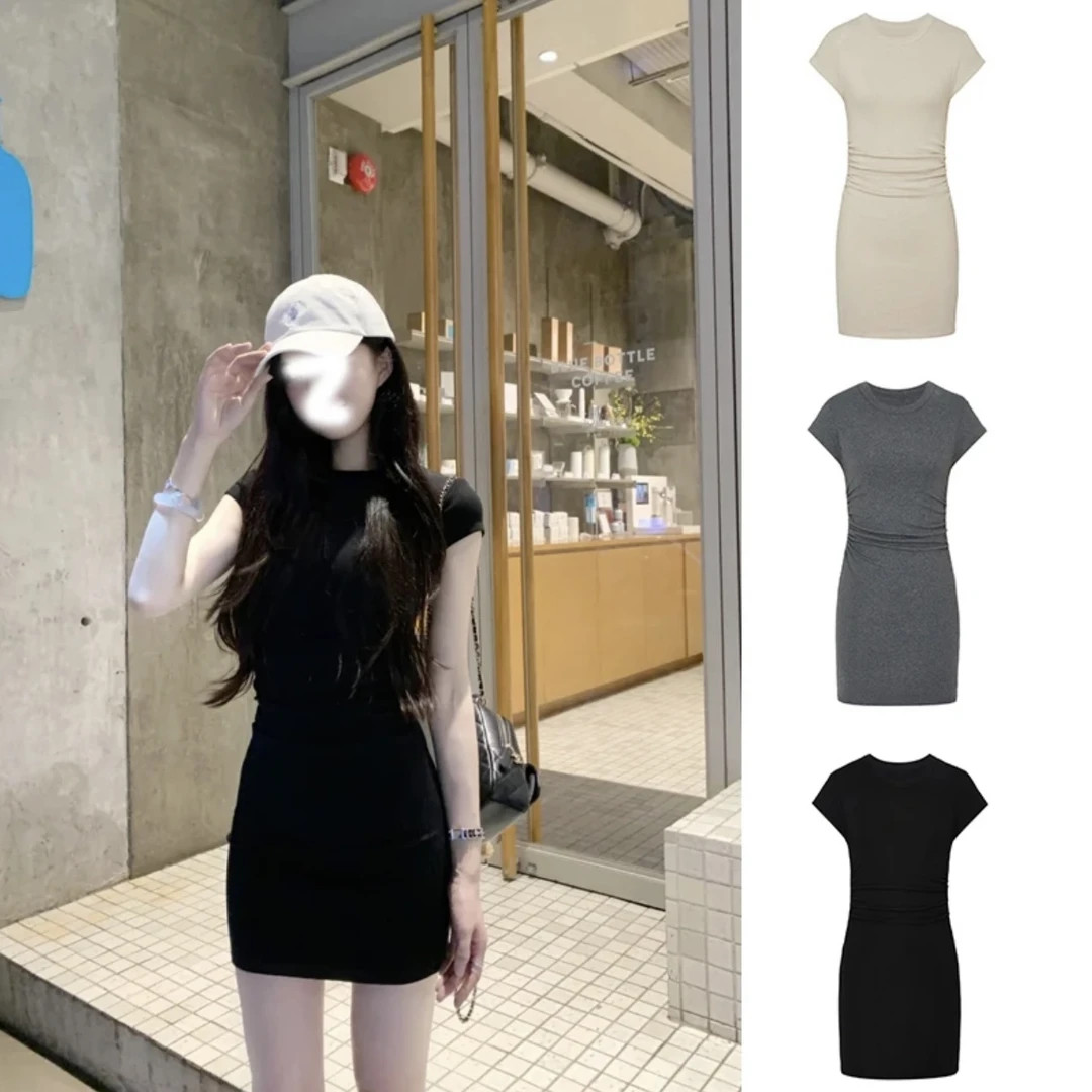 新款黑色褶皱时尚连衣裙女修身显瘦内搭包臀A字短裙圆领连衣裙女